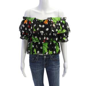 Caroline Constas Womens Silk Short Sleeve Off The Shoulder Blouse Black Size XS